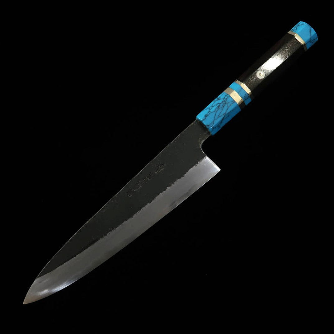 MIURA Itadaki Gyuto acier blanc n°2, finition kuro-uchi, manche turquoise (210 mm)