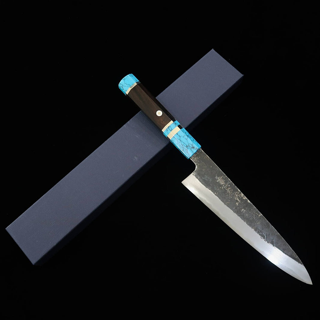 MIURA Itadaki Gyuto acier blanc n°2, finition kuro-uchi, manche turquoise (210 mm)