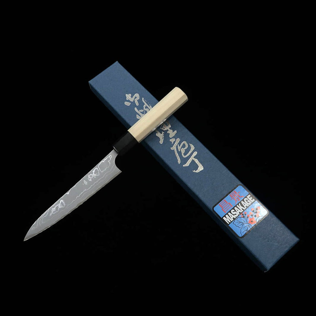 MASAKAGE Masakage Shimo Petty acero Shirogami nº2 damasco mango octogonal de magnolia (150 mm)