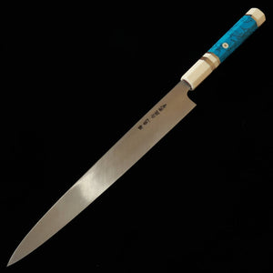 Miura Itadaki MIURA Itadaki Tanaka Giichi yanagiba Shirogami #2, acabamento negro forjado, cabo em turquesa branca (270 mm)