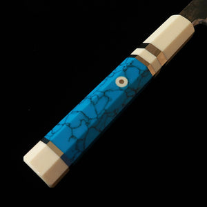 Miura Itadaki MIURA Itadaki Tanaka Giichi yanagiba Shirogami #2, acabamento negro forjado, cabo em turquesa branca (270 mm)