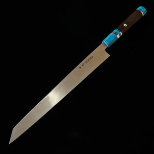 Miura Itadaki MIURA Itadaki por Yoshikazu Tanaka, yanagiba kiritsuke, aço branco #2, kuro-uchi, cabo em turquesa preta (300 mm)