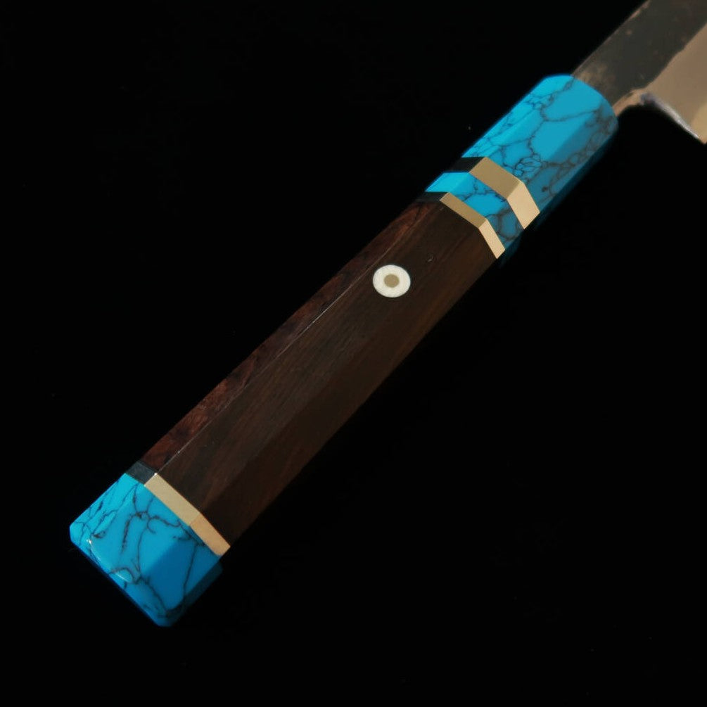 Miura Itadaki MIURA Itadaki por Yoshikazu Tanaka, yanagiba kiritsuke, aço branco #2, kuro-uchi, cabo em turquesa preta (300 mm)