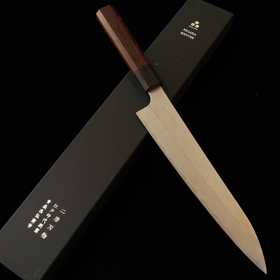 二唐刃物鍛造所NIGARA 筋引 SG STRIX 鎚目 ダマスカス 紫檀柄 (240mm)