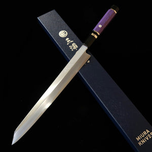 Miura-Hai MIURA Obidama Kiritsuke Yanagiba para Canhotos Gin-3 Acabamento em Madeira de Afiação Cabo Custom – Roxo (300 mm)