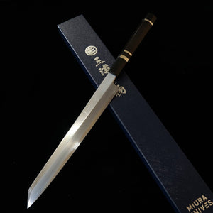 Miura Obidama Kiritsuke Yanagiba Left-Handed Ginzoku No.3 Wood Grain Finish Ebony Silver-Wrapped Handle (270mm)