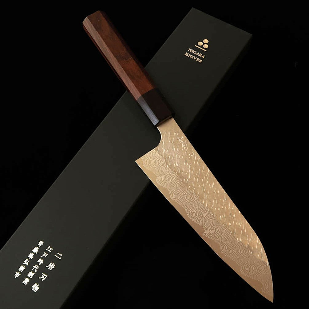 NIGARA 二唐刃物鍛造所 Santoku SG STRIX martilleado, Damasco, mango de palisandro (165 mm)