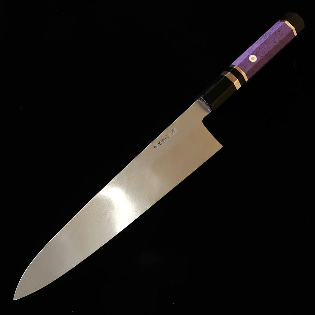 MIURA Obidama gyuto de un solo bisel, acero Shirogami #2, acabado bocashi, mango personalizado - morado (210/240 mm)