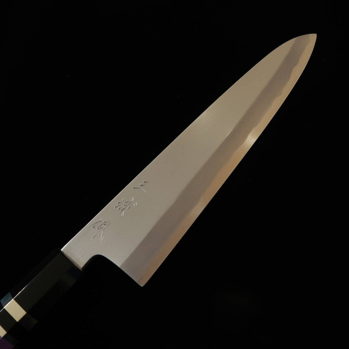 MIURA Obidama gyuto de un solo bisel, acero Shirogami #2, acabado bocashi, mango personalizado - morado (210/240 mm)