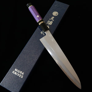 MIURA Obidama gyuto de un solo bisel, acero Shirogami #2, acabado bocashi, mango personalizado - morado (210/240 mm)