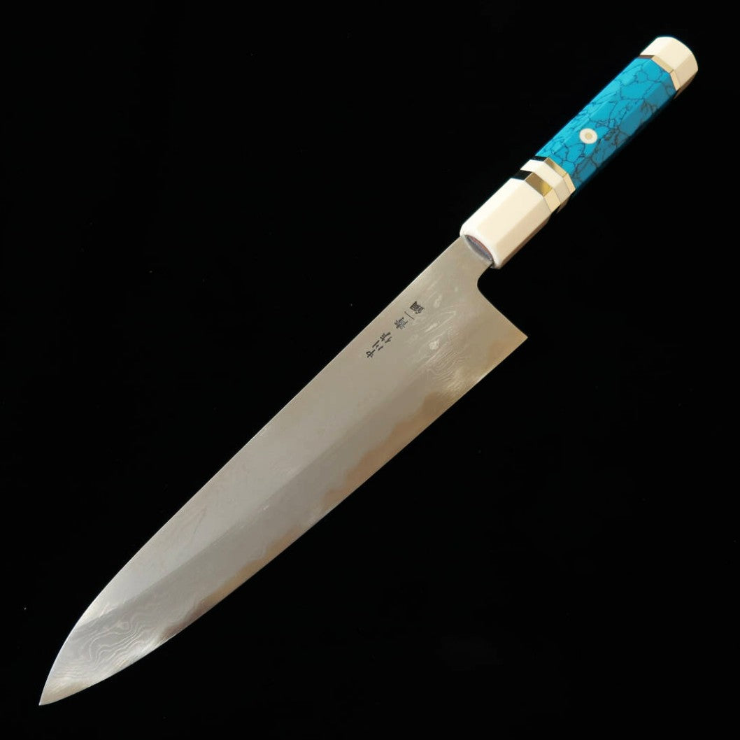 MIURA Obidama, Gyuto, Aogami no. 1, Damascus with white turquoise handle (210/240mm)