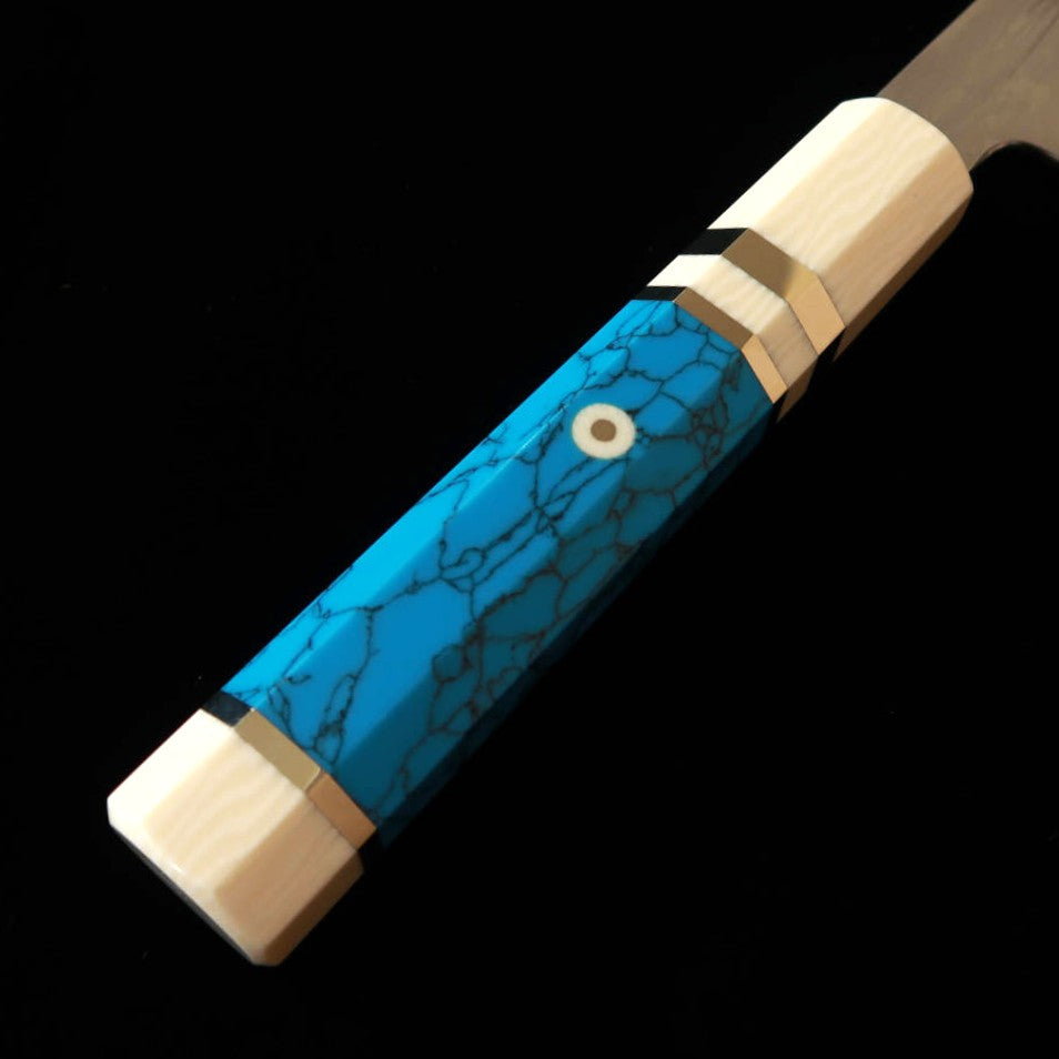MIURA Obidama, Gyuto, Aogami no. 1, Damascus with white turquoise handle (210/240mm)