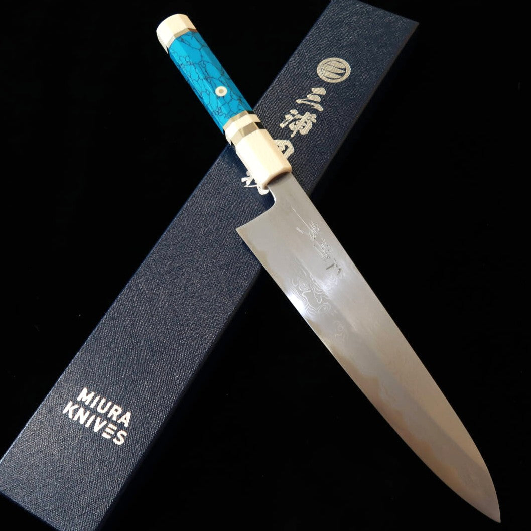 MIURA Obidama, Gyuto, Aogami no. 1, Damascus with white turquoise handle (210/240mm)
