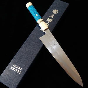 MIURA Obidama, Gyuto, Aogami no. 1, Damascus with white turquoise handle (210/240mm)