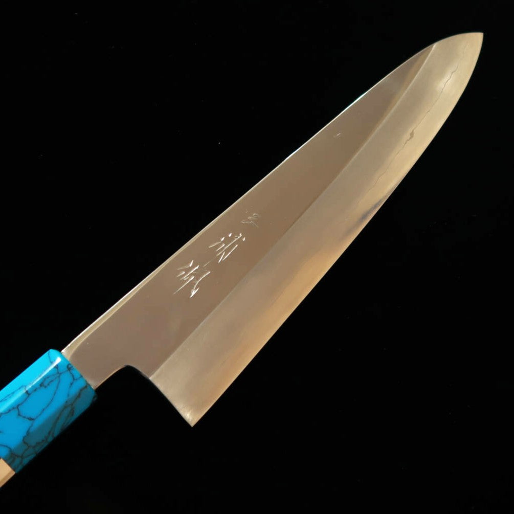 MIURA Obidama Gyuto de fio único Gin‑san #3 Acabamento espelhado Cabo de turquesa (240 mm)