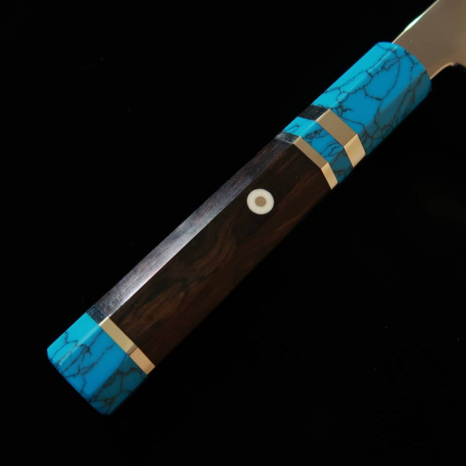 MIURA Obidama Gyuto de fio único Gin‑san #3 Acabamento espelhado Cabo de turquesa (240 mm)