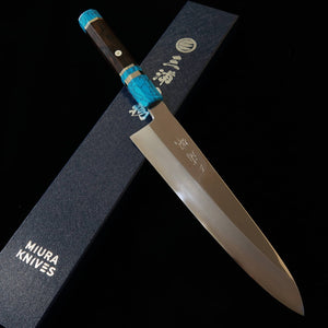 MIURA Obidama Gyuto de fio único Gin‑san #3 Acabamento espelhado Cabo de turquesa (240 mm)