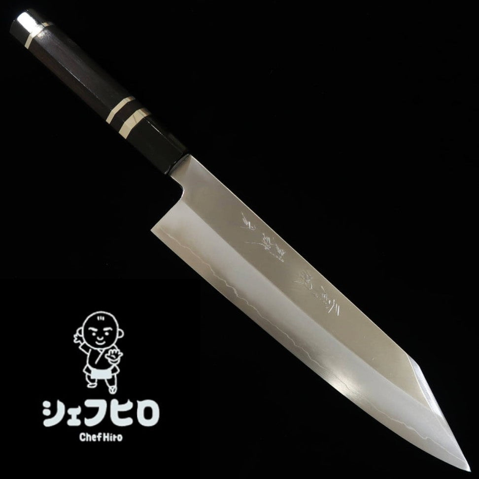 Chef Hiro × Miura Miura Kai Modelo Especial "Hiro" Gyuto K-tip largo Gin-san Kasumi Anel de chifre de búfalo preto com prata, cabo octogonal de ébano 8 sun (240mm)