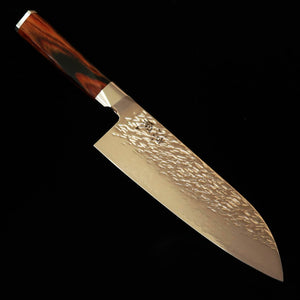 Couteau Santoku Suzukaze, Acier Poudre Damas Martelé, Manche en Bois Lamellé Compressé (180 mm)