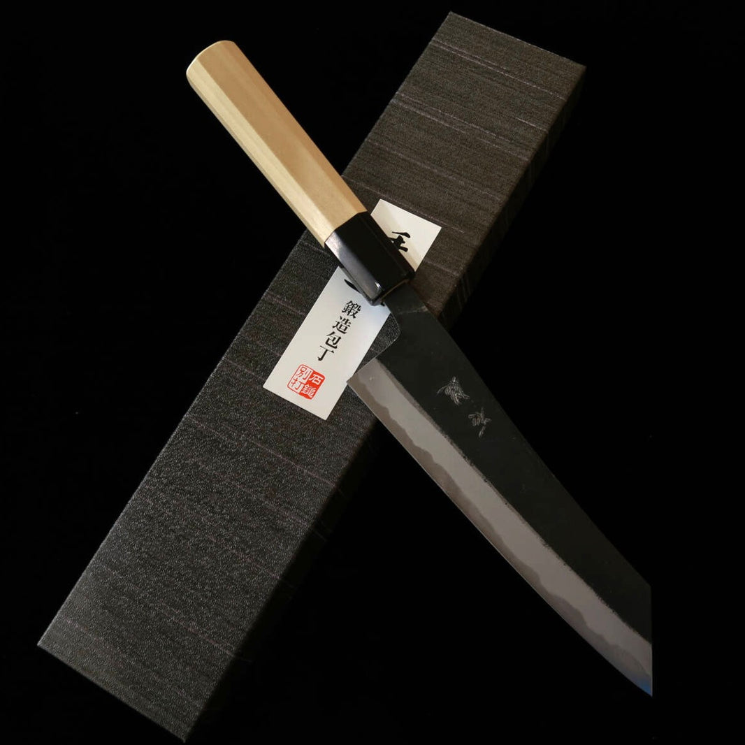 ISHIDUCHI 石鎚 bunka acero azul, acabado negro, mango octogonal de magnolia (180 mm)