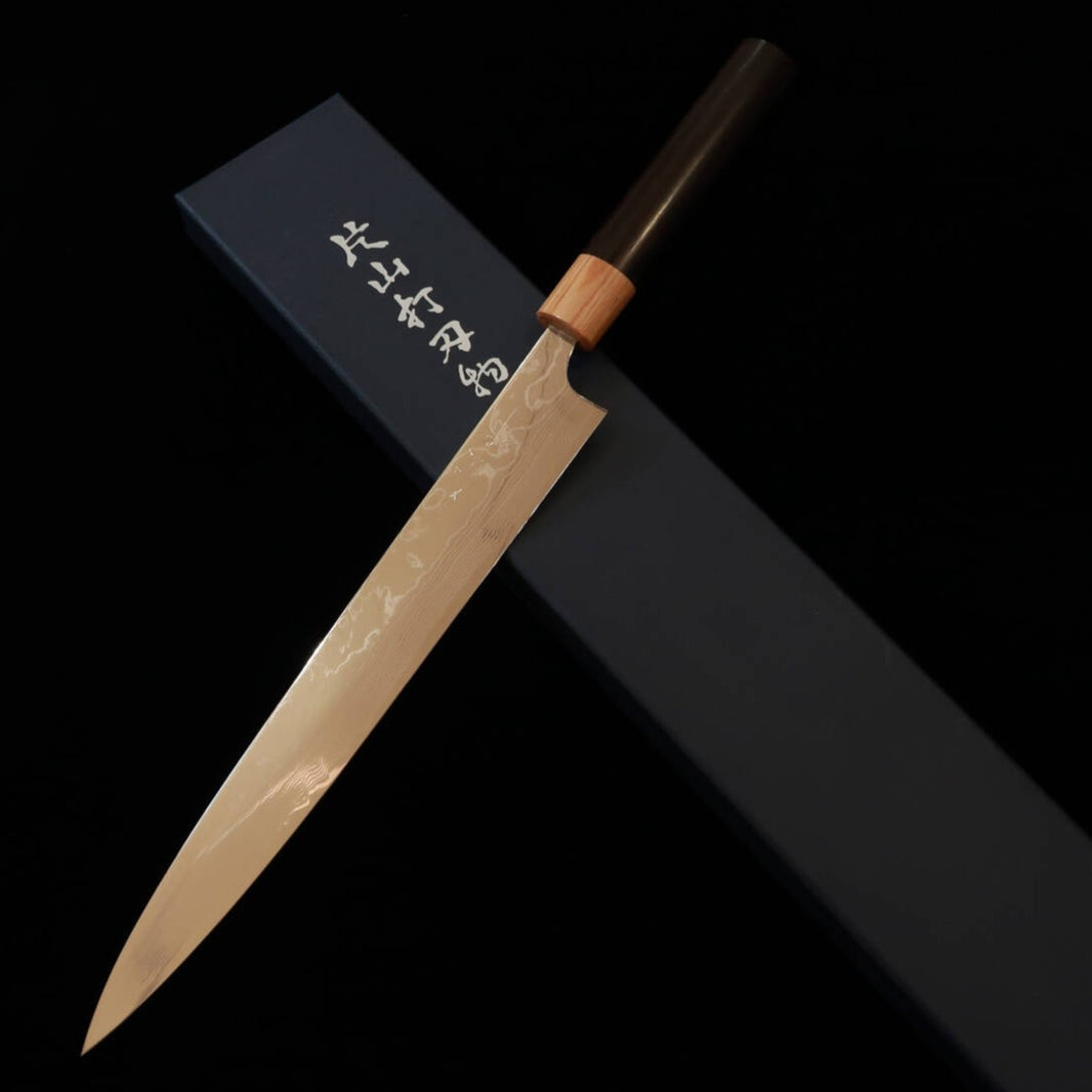 Sujihiki YUTA KATAYAMA VG10 damasco acabado pulido, mango de palisandro tipo castaña (240/270 mm)