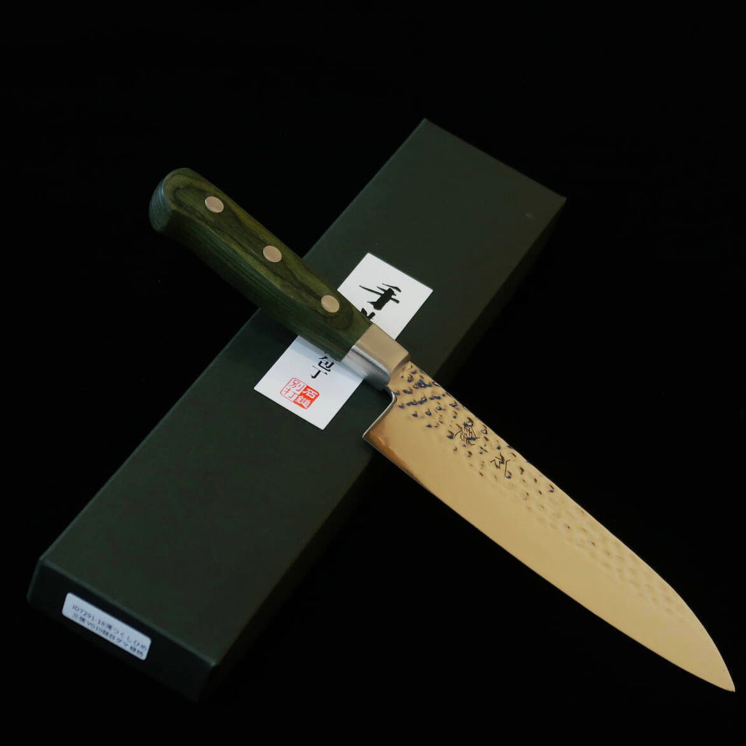 ISHIDUCHI Ishiduchi santoku VG10 martillado damasco de 67 capas mango verde (180 mm)