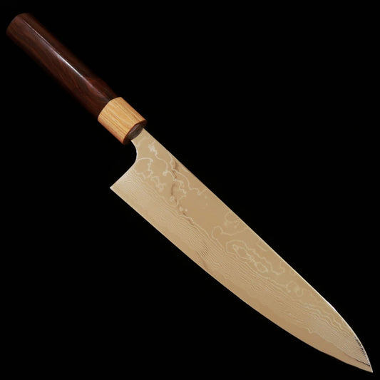 Gyuto Yuta Katayama Inox VG10 com acabamento polido em damasco e cabo de jacarandá castanho (210/240mm)