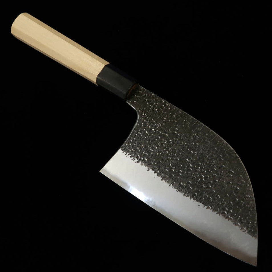 MIYAZAKI KAJIYA – acier Blue Super, san-mai fer doux, martelé, large couteau bunka, manche octogonal en magnolia (150 mm)