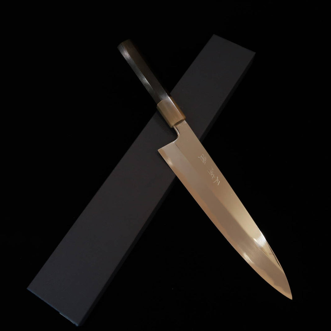 MIURA Itadaki – Gyuto à simple biseau par Yoshikazu Tanaka, acier Shirogami n°2, finition miroir, manche octogonal en ébène (210/240 mm)