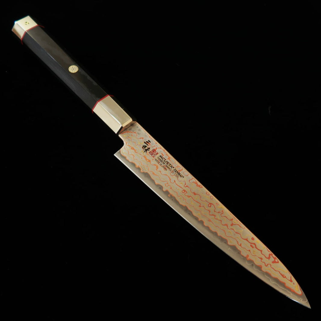 MCUSTA ZANMAI Ultimate 3 Black Phoenix Petty, V-Toku2 Colored Damascus - Black Pakkawood Handle (150mm)