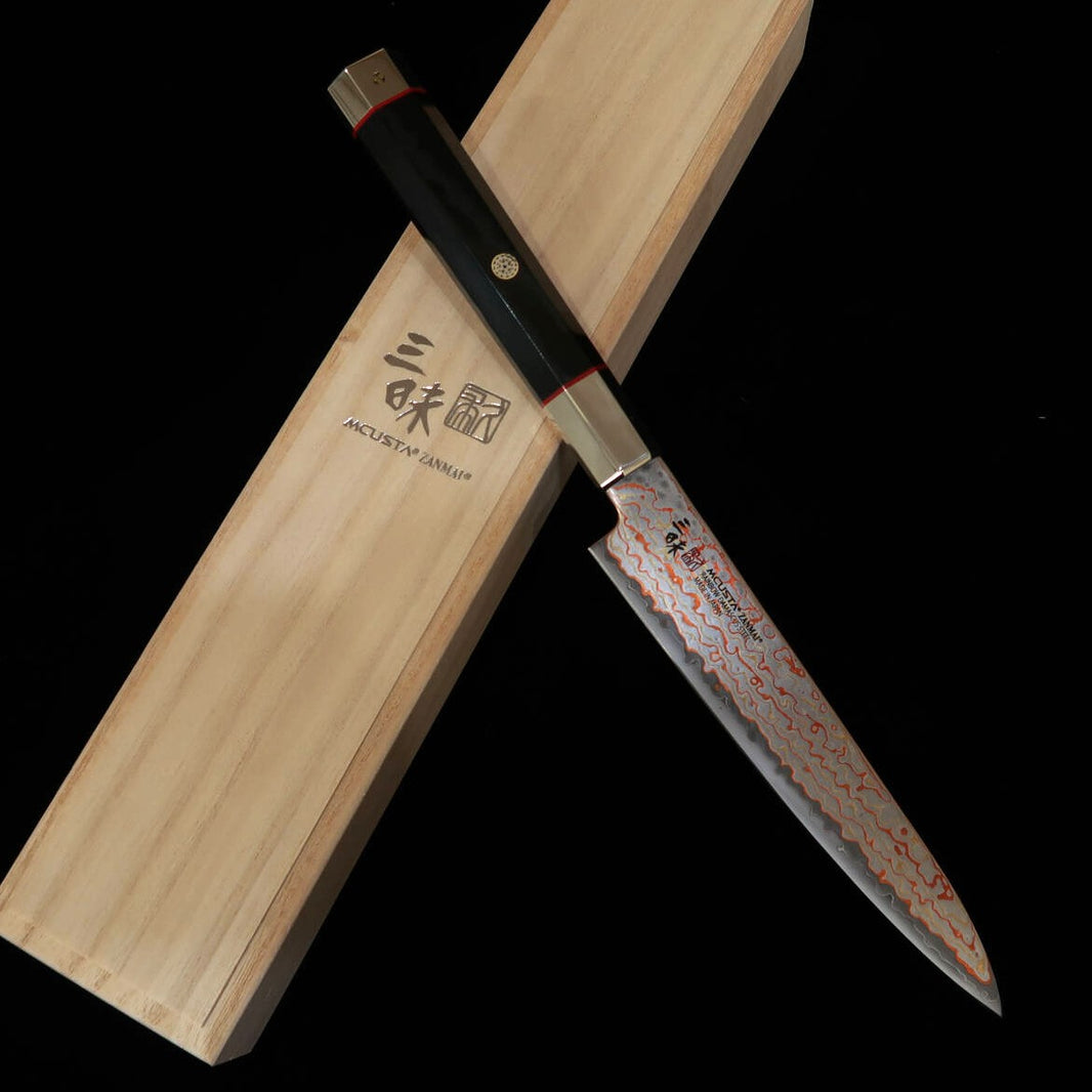 MCUSTA ZANMAI Ultimate 3 Black Phoenix Petty, V-Toku2 Colored Damascus - Black Pakkawood Handle (150mm)