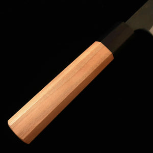 MIURA Onijin yanagiba aço Shirogami #1 cabo de laminado preto com cerejeira (150 mm)