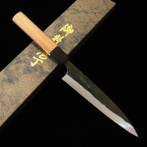 MIURA Onijin yanagiba aço Shirogami #1 cabo de laminado preto com cerejeira (150 mm)