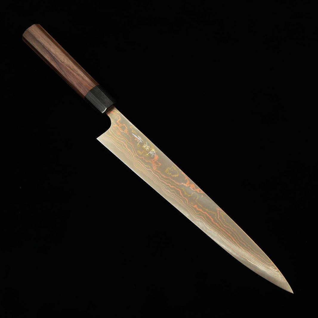 佐治武士SAJI TAKESHI 青紙二号 有色ダマスカス 筋引 紫檀八角柄 (240/270mm)