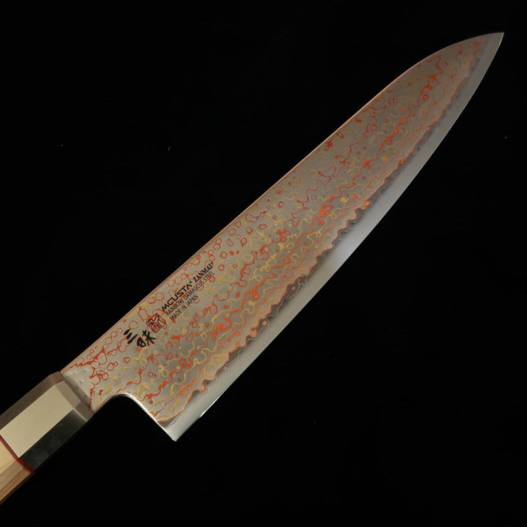 MCUSTA ZANMAI Ultimate 3 White Phoenix Gyuto, V-Toku2 Colored Damascus - Hinoki Handle (210mm)