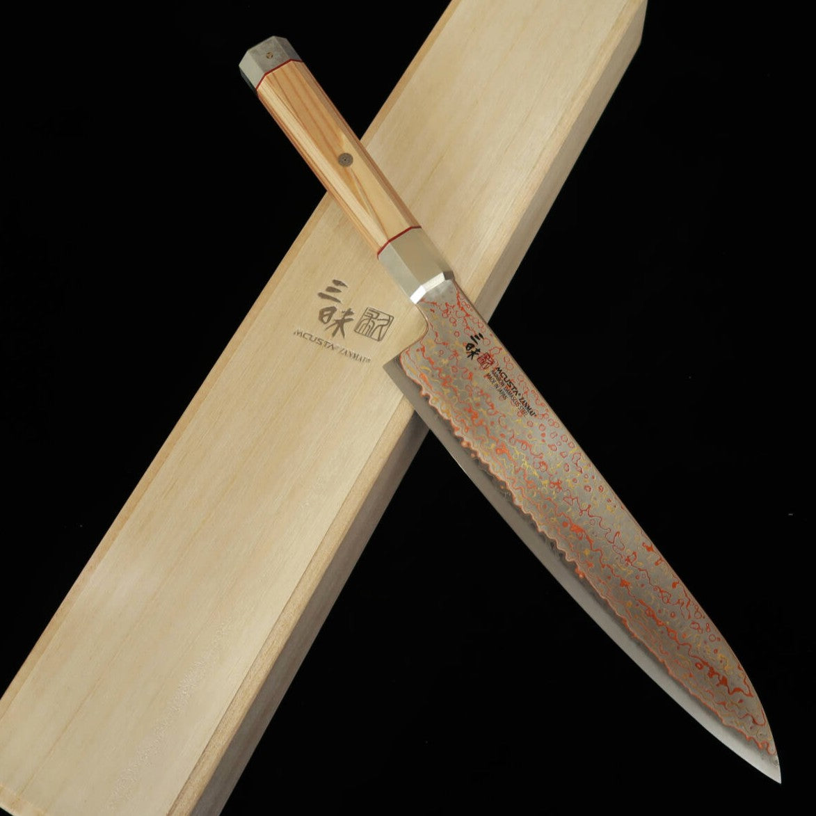 MCUSTA ZANMAI Ultimate 3 White Phoenix Gyuto, V-Toku2 Colored Damascus - Hinoki Handle (210mm)
