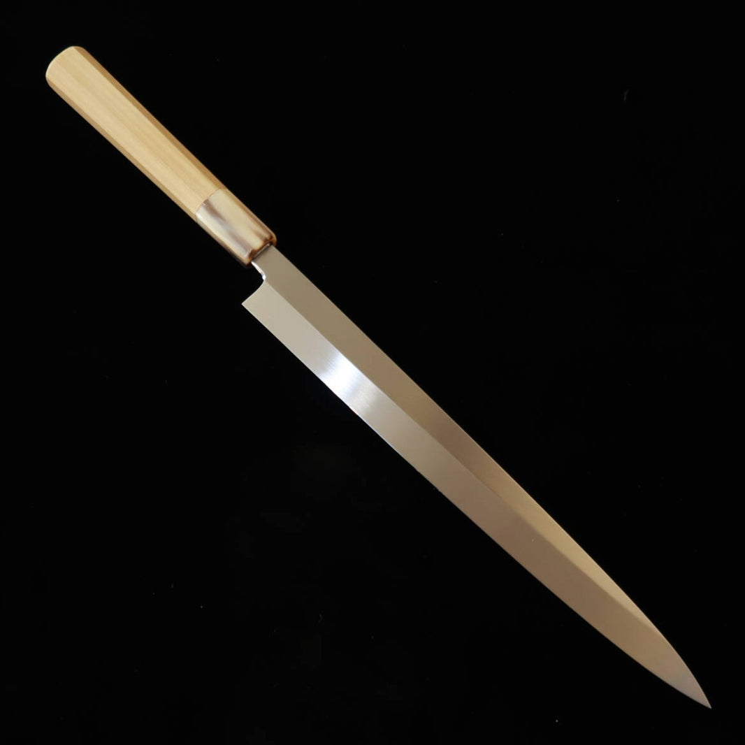 Gōuemon Yoshihiro fugu-hiki, acero Shirogami #2, temple al agua, acabado con piedra de madera, mango octogonal de magnolia blanca, con funda de magnolia (240-300 mm)