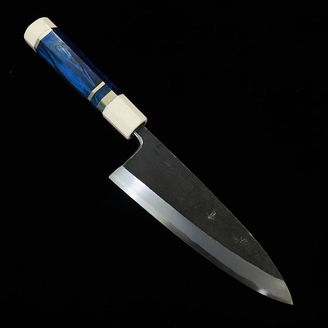MIURA Itadaki Deba Acier Shirogami n°2 Finition noire Manche en bois stabilisé cerclé d'argent (180 mm)