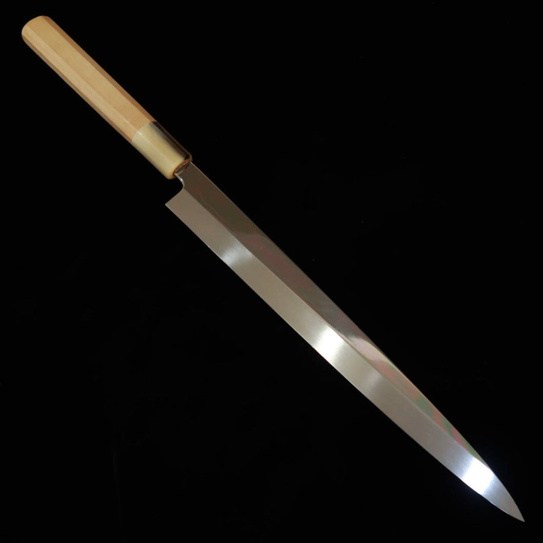 YOSHIHIRO 郷右馬允義弘 Cuchillo fugu-hiki Shirogami #2, temple en agua, acabado espejo con ondas, mango blanco de ocho caras, con funda de magnolia (240–300 mm)