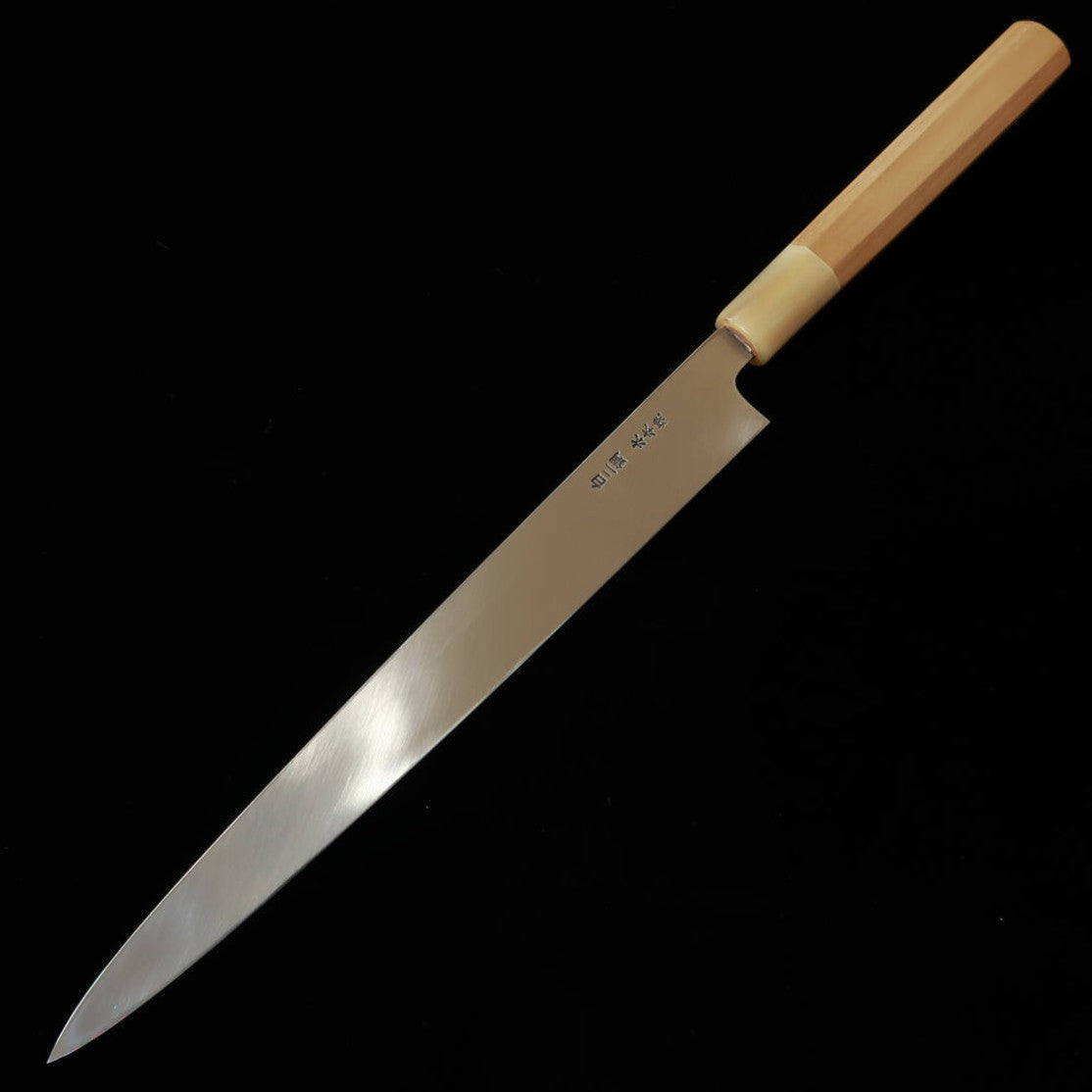 YOSHIHIRO Fugu-hiki, Shirogami no. 2, mirror-polished finish with raised wave pattern, Shirohachi design, with magnolia wood handle (240–300 mm)