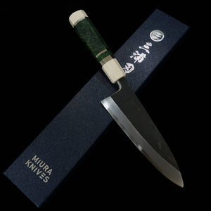 MIURA Itadaki Deba Tanaka Yoshikazu Acero Shirogami nº 2 acabado negro Mango de madera estabilizada con virola de plata (165 mm)