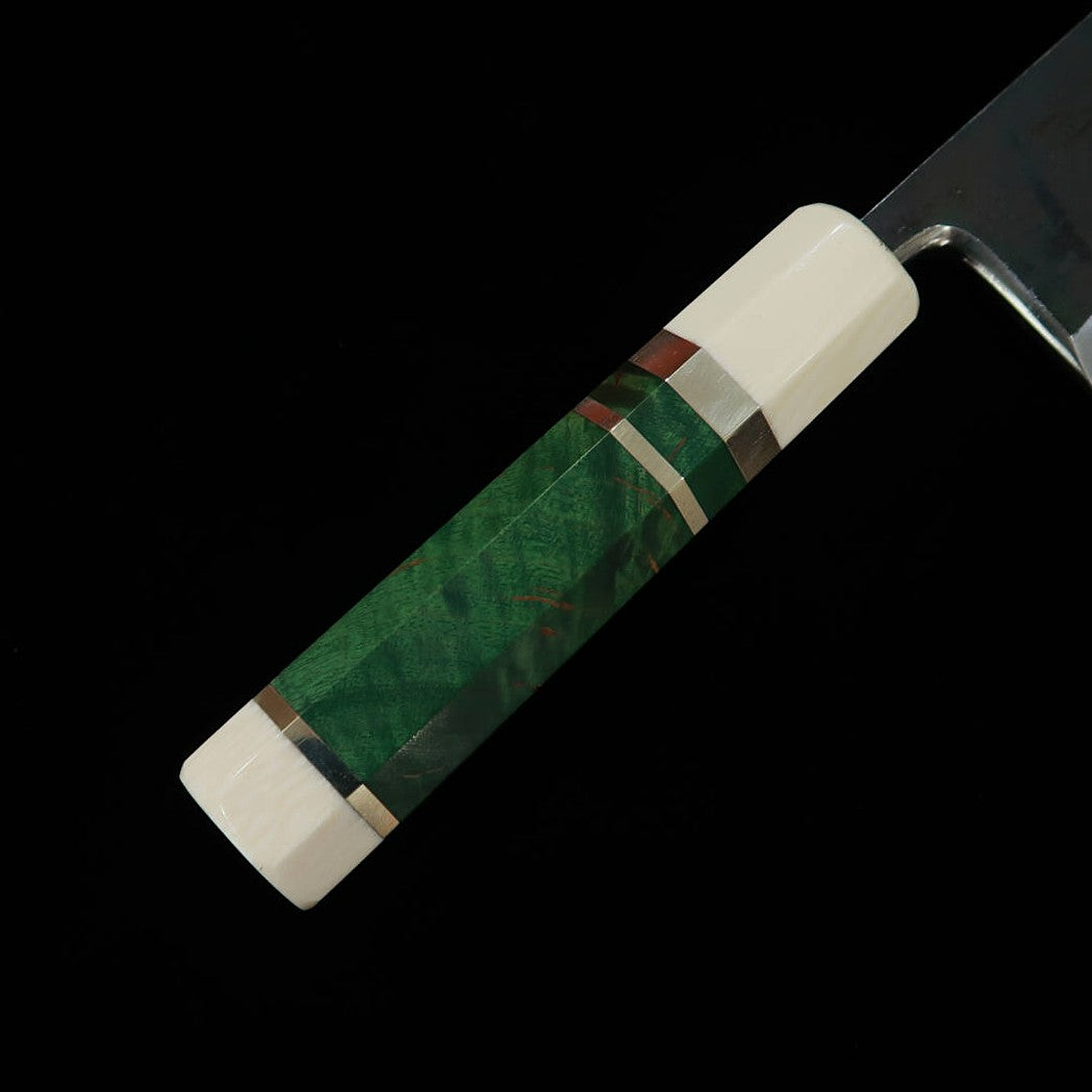 MIURA Itadaki Deba Tanaka Yoshikazu Acero Shirogami nº 2 acabado negro Mango de madera estabilizada con virola de plata (150 mm)