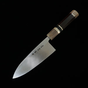 MIURA Itadaki Deba, acier Shirogami n°2, finition kuro-uchi, manche en ébène cerclé argent (150 mm)