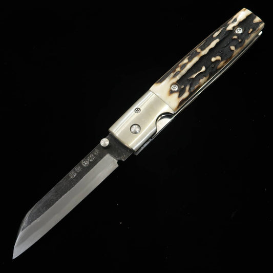 Cuchillo plegable Liner Lock Takeda (TAKEDA), forjado a mano en Bitchū por Inagaki, tipo A, asta de ciervo Ezoshika, acero Hitachi Aogami Super (85 mm)