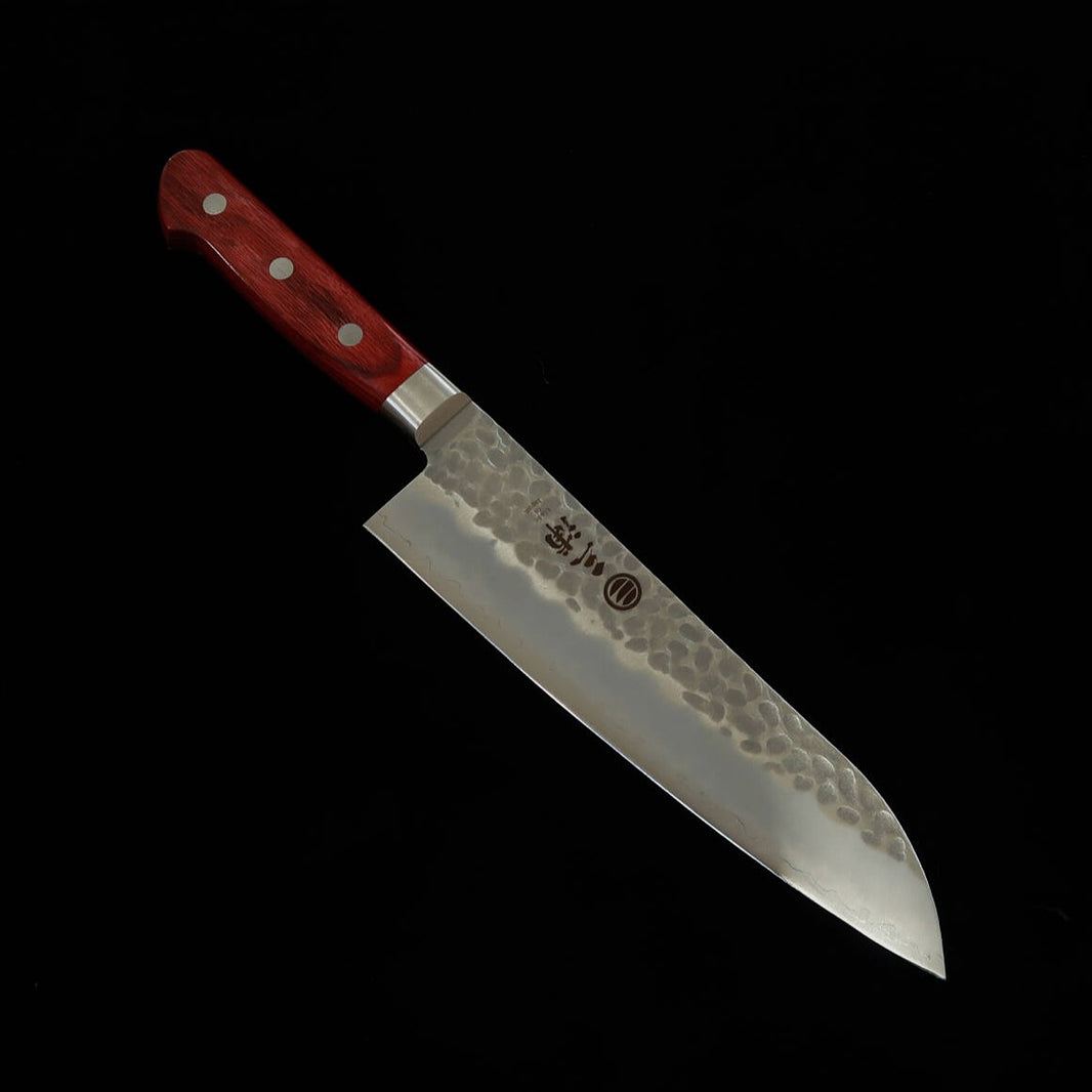 MIURA Santoku AUS8 martelé, manche en bois stratifié rouge (180mm)