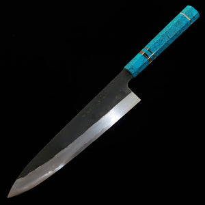 MIURA Itadaki, couteau de chef, acier Shirogami n°2, finition noire, manche turquoise (240 mm)
