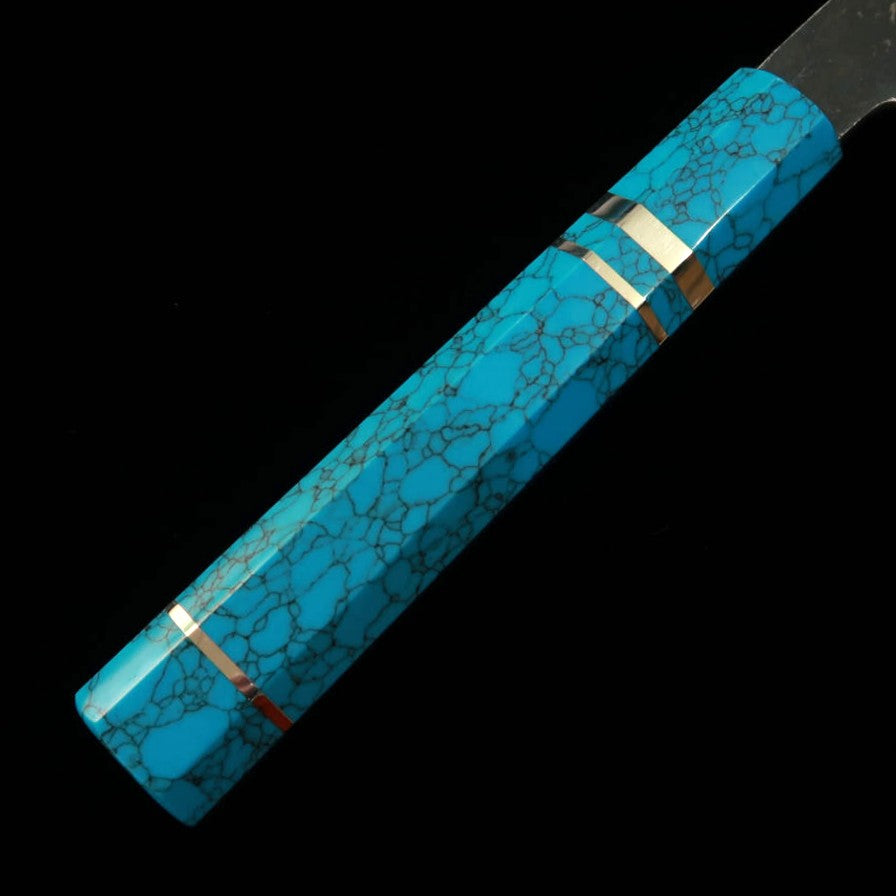 MIURA Itadaki, couteau de chef, acier Shirogami n°2, finition noire, manche turquoise (240 mm)