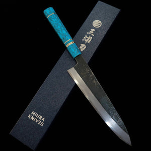 MIURA Itadaki, couteau de chef, acier Shirogami n°2, finition noire, manche turquoise (240 mm)