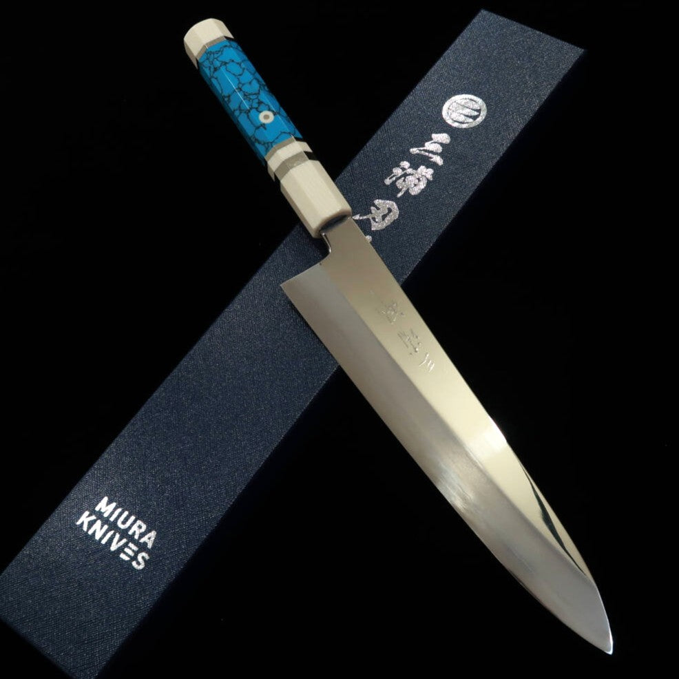 三浦佩 MIURA Obidama 片刃牛刀 銀紙三号 鏡面仕上げ ターコイズカスタムハンドル  (240mm)