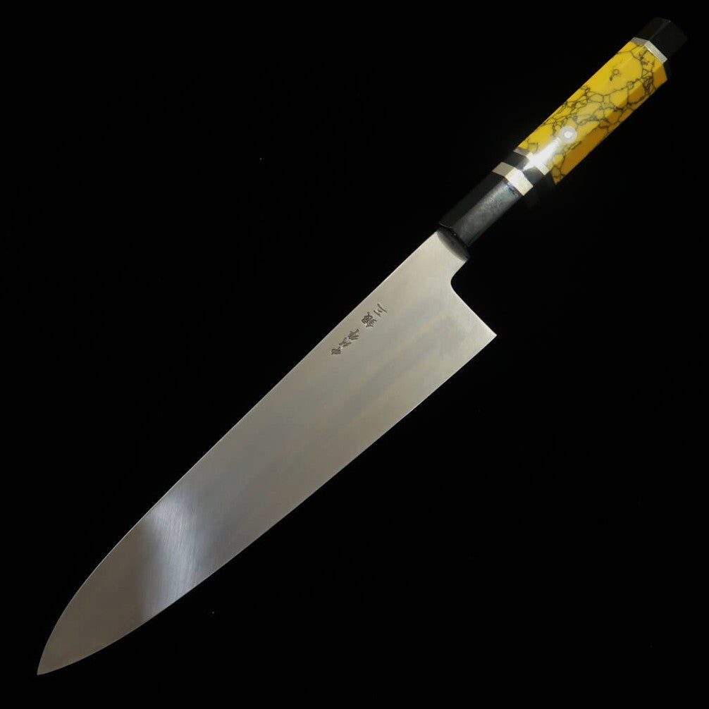 三浦佩 MIURA Obidama 片刃牛刀 銀紙三号 木砥仕上げ イエローカスタムハンドル  (240mm)
